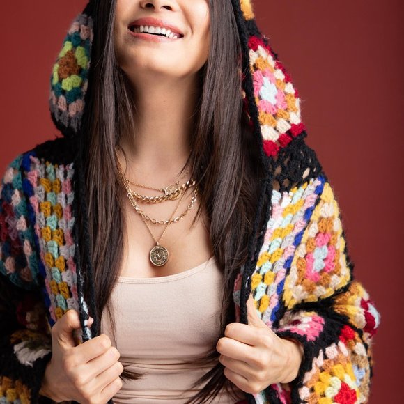 Saachi NWT Hooded Granny Square Crochet Kimono in Black - Picture 6 of 7